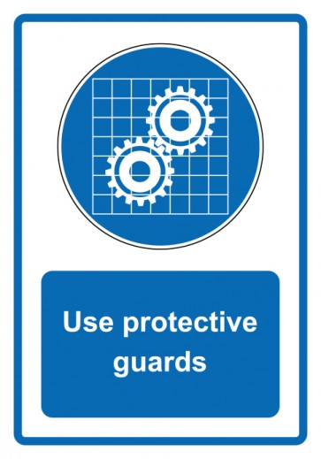 Aufkleber Gebotszeichen Piktogramm & Text englisch · Use protective guards · blau (Gebotsaufkleber)