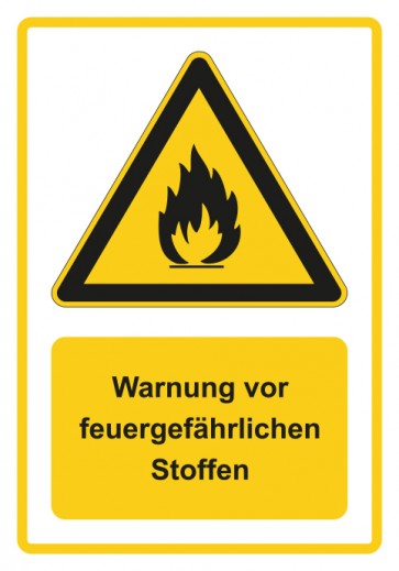 Schild Warnzeichen Piktogramm & Text deutsch · Warnung vor feuergefährlichen Stoffen · gelb | selbstklebend (Warnschild)