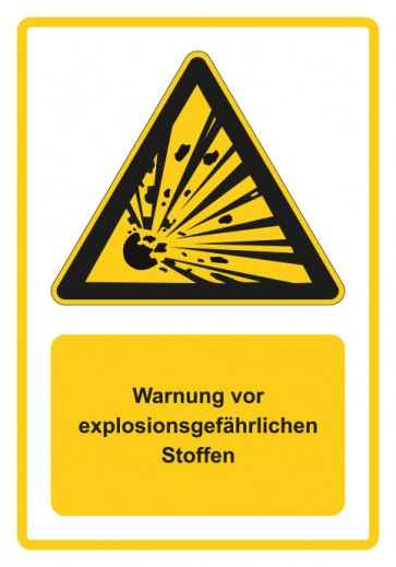 Schild Warnzeichen Piktogramm & Text deutsch · Warnung vor explosionsgefährlichen Stoffen · gelb