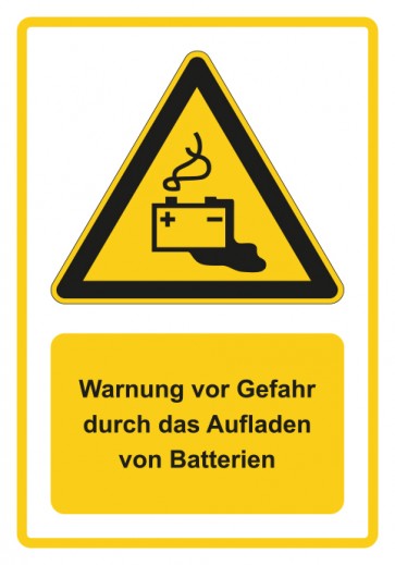 Magnetschild Warnzeichen Piktogramm & Text deutsch · Warnung vor Gefahr durch das Aufladen von Batterien · gelb
