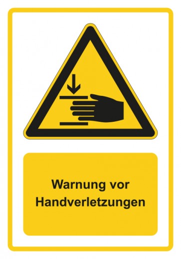 Schild Warnzeichen Piktogramm & Text deutsch · Warnung vor Handverletzungen · gelb