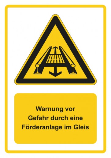 Magnetschild Warnzeichen Piktogramm & Text deutsch · Warnung vor Gefahr durch eine Förderanlage im Gleis · gelb