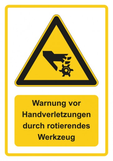 Aufkleber Warnzeichen Piktogramm & Text deutsch · Warnung vor Handverletzungen durch rotierendes Werkzeug · gelb
