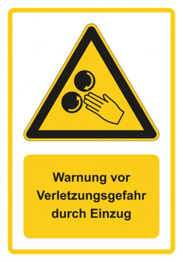 Schild Warnzeichen Piktogramm & Text deutsch · Warnung vor Verletzungsgefahr durch Einzug · gelb | selbstklebend