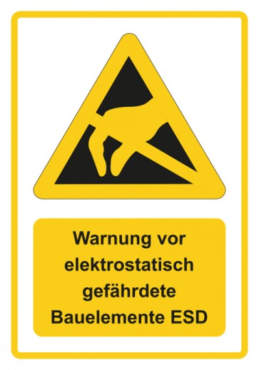 Schild Warnzeichen Piktogramm & Text deutsch · Warnung vor elektrostatisch gefährdete Bauelemente ESD · gelb | selbstklebend