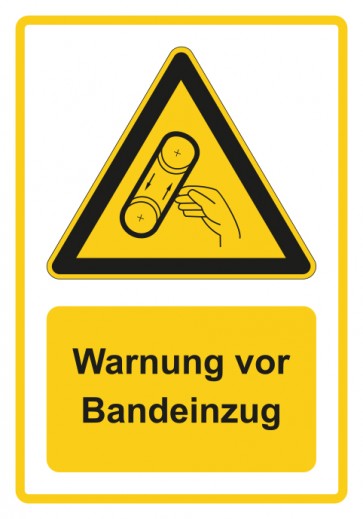 Schild Warnzeichen Piktogramm & Text deutsch · Warnung vor Bandeinzug · gelb