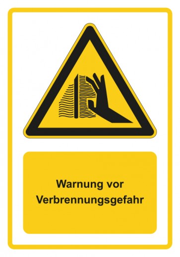 Schild Warnzeichen Piktogramm & Text deutsch · Warnung vor Verbrennungsgefahr · gelb