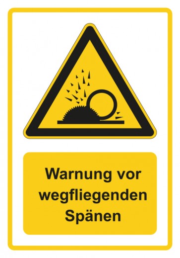 Schild Warnzeichen Piktogramm & Text deutsch · Warnung vor wegfliegenden Spänen · gelb