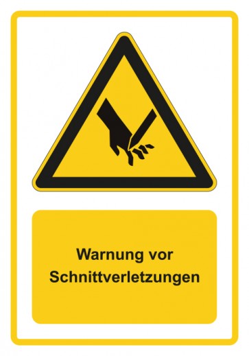 Schild Warnzeichen Piktogramm & Text deutsch · Warnung vor Schnittverletzungen · gelb