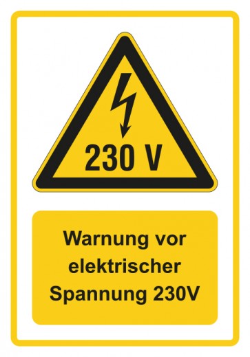 Schild Warnzeichen Piktogramm & Text deutsch · Warnung vor elektrischer Spannung 230V · gelb | selbstklebend