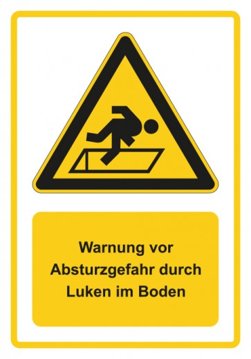 Schild Warnzeichen Piktogramm & Text deutsch · Warnung vor Absturzgefahr durch Luken im Boden · gelb | selbstklebend