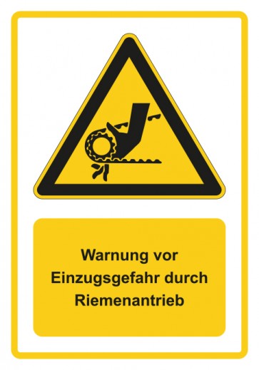 Aufkleber Warnzeichen Piktogramm & Text deutsch · Warnung vor Einzugsgefahr durch Riemenantrieb · gelb