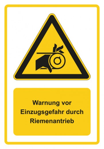 Schild Warnzeichen Piktogramm & Text deutsch · Warnung vor Einzugsgefahr durch Riemenantrieb · gelb | selbstklebend