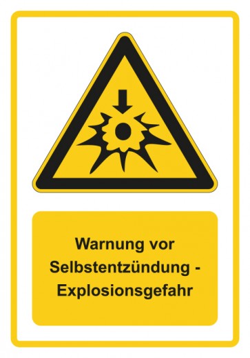 Schild Warnzeichen Piktogramm & Text deutsch · Warnung vor Selbstentzündung - Explosionsgefahr · gelb