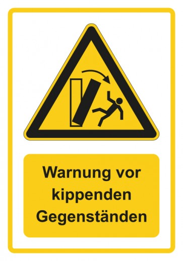 Schild Warnzeichen Piktogramm & Text deutsch · Warnung vor kippenden Gegenständen · gelb