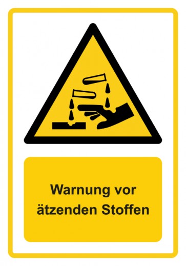Schild Warnzeichen Piktogramm & Text deutsch · Warnung vor ätzenden Stoffen · ISO_7010_W023 · gelb