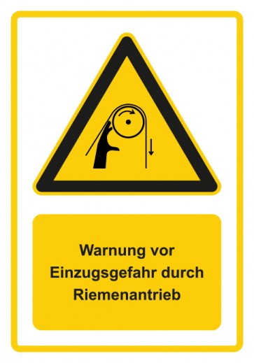 Aufkleber Warnzeichen Piktogramm & Text deutsch · Warnung vor Einzugsgefahr durch Riemenantrieb · gelb