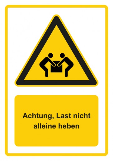 Schild Warnzeichen Piktogramm & Text deutsch · Hinweiszeichen Achtung, Last nicht alleine heben · gelb