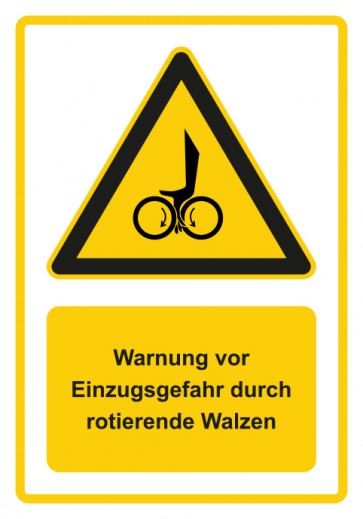 Magnetschild Warnzeichen Piktogramm & Text deutsch · Warnung vor Einzugsgefahr durch rotierende Walzen · gelb
