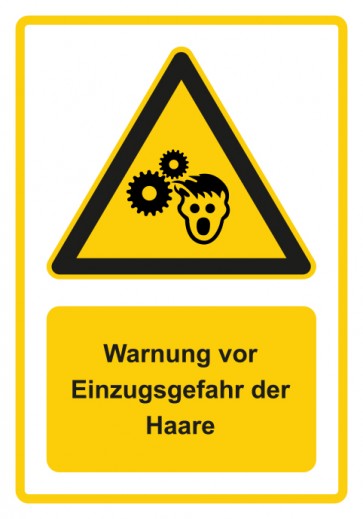 Schild Warnzeichen Piktogramm & Text deutsch · Warnung vor Einzugsgefahr der Haare · gelb