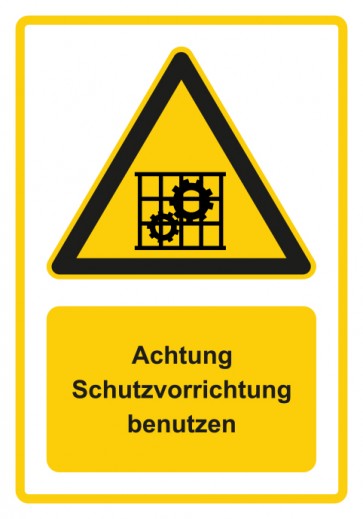 Aufkleber Warnzeichen Piktogramm & Text deutsch · Hinweiszeichen Achtung, Schutzvorrichtung benutzen · gelb