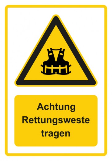Schild Warnzeichen Piktogramm & Text deutsch · Hinweiszeichen Achtung, Rettungsweste tragen · gelb | selbstklebend