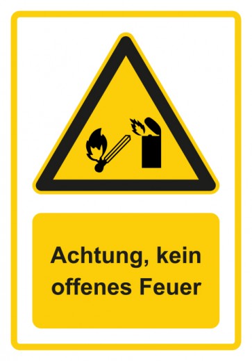 Schild Warnzeichen Piktogramm & Text deutsch · Hinweiszeichen Achtung, kein offenes Feuer · gelb | selbstklebend