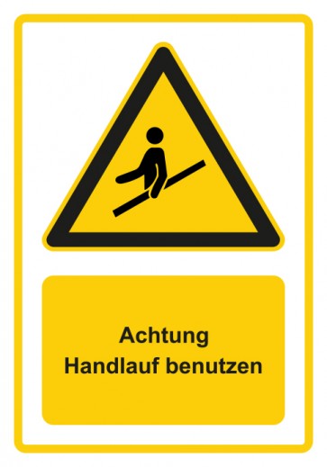 Schild Warnzeichen Piktogramm & Text deutsch · Hinweiszeichen Achtung, Handlauf benutzen · gelb | selbstklebend