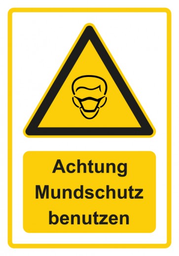 Aufkleber Warnzeichen Piktogramm & Text deutsch · Hinweiszeichen Achtung, Mundschutz benutzen · gelb | stark haftend