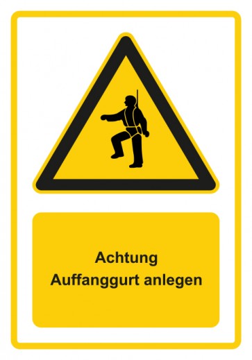 Schild Warnzeichen Piktogramm & Text deutsch · Hinweiszeichen Achtung, Auffanggurt anlegen · gelb | selbstklebend
