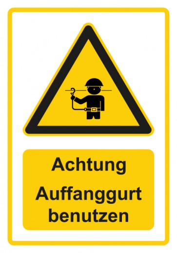 Schild Warnzeichen Piktogramm & Text deutsch · Hinweiszeichen Achtung, Auffanggurt benutzen · gelb | selbstklebend