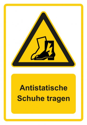 Schild Warnzeichen Piktogramm & Text deutsch · Hinweiszeichen Antistatische Schuhe tragen · gelb | selbstklebend