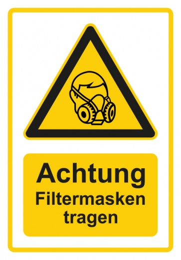 Schild Warnzeichen Piktogramm & Text deutsch · Hinweiszeichen Achtung, Filtermasken tragen · gelb