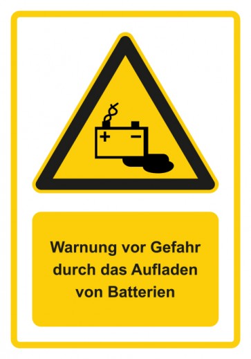 Schild Warnzeichen Piktogramm & Text deutsch · Warnung vor Gefahr durch das Aufladen von Batterien · gelb | selbstklebend