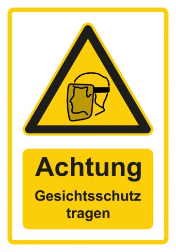 Schild Warnzeichen Piktogramm & Text deutsch · Hinweiszeichen Achtung, Gesichtsschutz tragen · gelb | selbstklebend