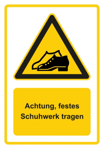 Schild Warnzeichen Piktogramm & Text deutsch · Hinweiszeichen Achtung, festes Schuhwerk tragen · gelb