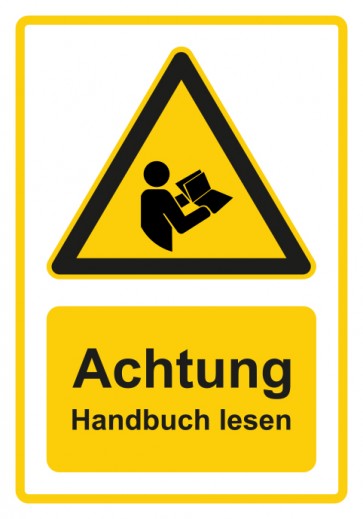 Schild Warnzeichen Piktogramm & Text deutsch · Hinweiszeichen Achtung, Handbuch lesen · gelb