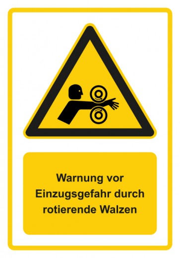 Magnetschild Warnzeichen Piktogramm & Text deutsch · Warnung vor Einzugsgefahr durch rotierende Walzen · gelb