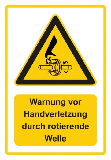 Schild Warnzeichen Piktogramm & Text deutsch · Warnung vor Handverletzung durch rotierende Welle · gelb