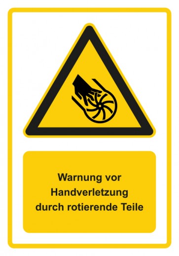 Magnetschild Warnzeichen Piktogramm & Text deutsch · Warnung vor Handverletzung durch rotierende Teile · gelb