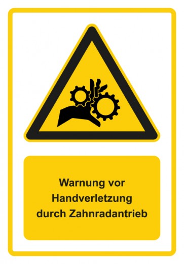 Schild Warnzeichen Piktogramm & Text deutsch · Warnung vor Handverletzung durch Zahnradantrieb · gelb | selbstklebend