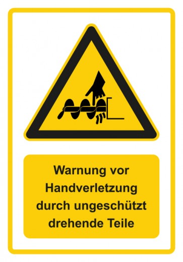 Aufkleber Warnzeichen Piktogramm & Text deutsch · Warnung vor Handverletzung durch ungeschützt drehende Teile · gelb