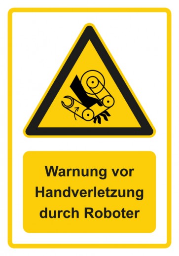 Schild Warnzeichen Piktogramm & Text deutsch · Warnung vor Handverletzung durch Roboter · gelb
