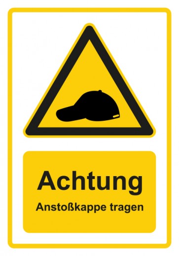 Aufkleber Warnzeichen Piktogramm & Text deutsch · Hinweiszeichen Achtung, Anstoßkappe tragen · gelb