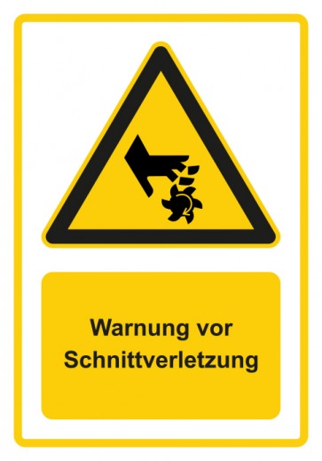 Schild Warnzeichen Piktogramm & Text deutsch · Warnung vor Schnittverletzung · gelb