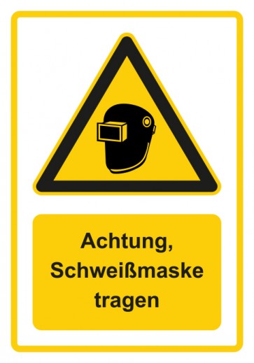Schild Warnzeichen Piktogramm & Text deutsch · Hinweiszeichen Achtung, Schweißmaske tragen · gelb