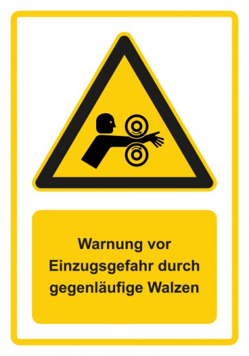 Aufkleber Warnzeichen Piktogramm & Text deutsch · Warnung vor Einzugsgefahr durch gegenläufige Walzen · gelb