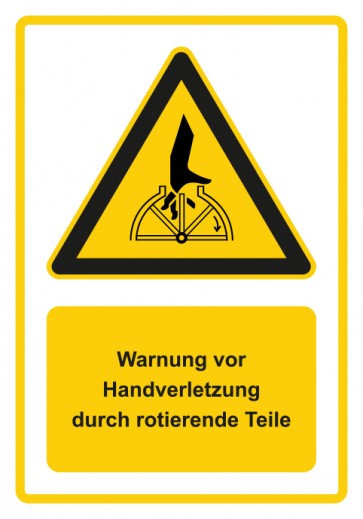 Aufkleber Warnzeichen Piktogramm & Text deutsch · Warnung vor Handverletzung durch rotierende Teile · gelb