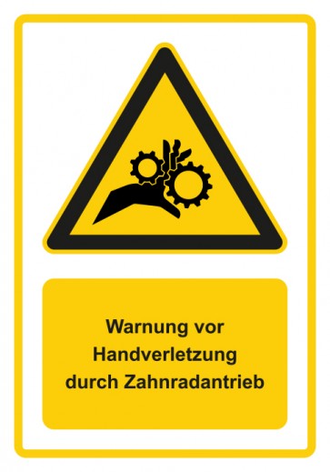 Magnetschild Warnzeichen Piktogramm & Text deutsch · Warnung vor Handverletzung durch Zahnradantrieb · gelb