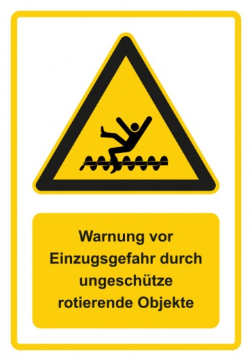 Schild Warnzeichen Piktogramm & Text deutsch · Warnung vor Einzugsgefahr durch ungeschützt rotierende Objekte · gelb